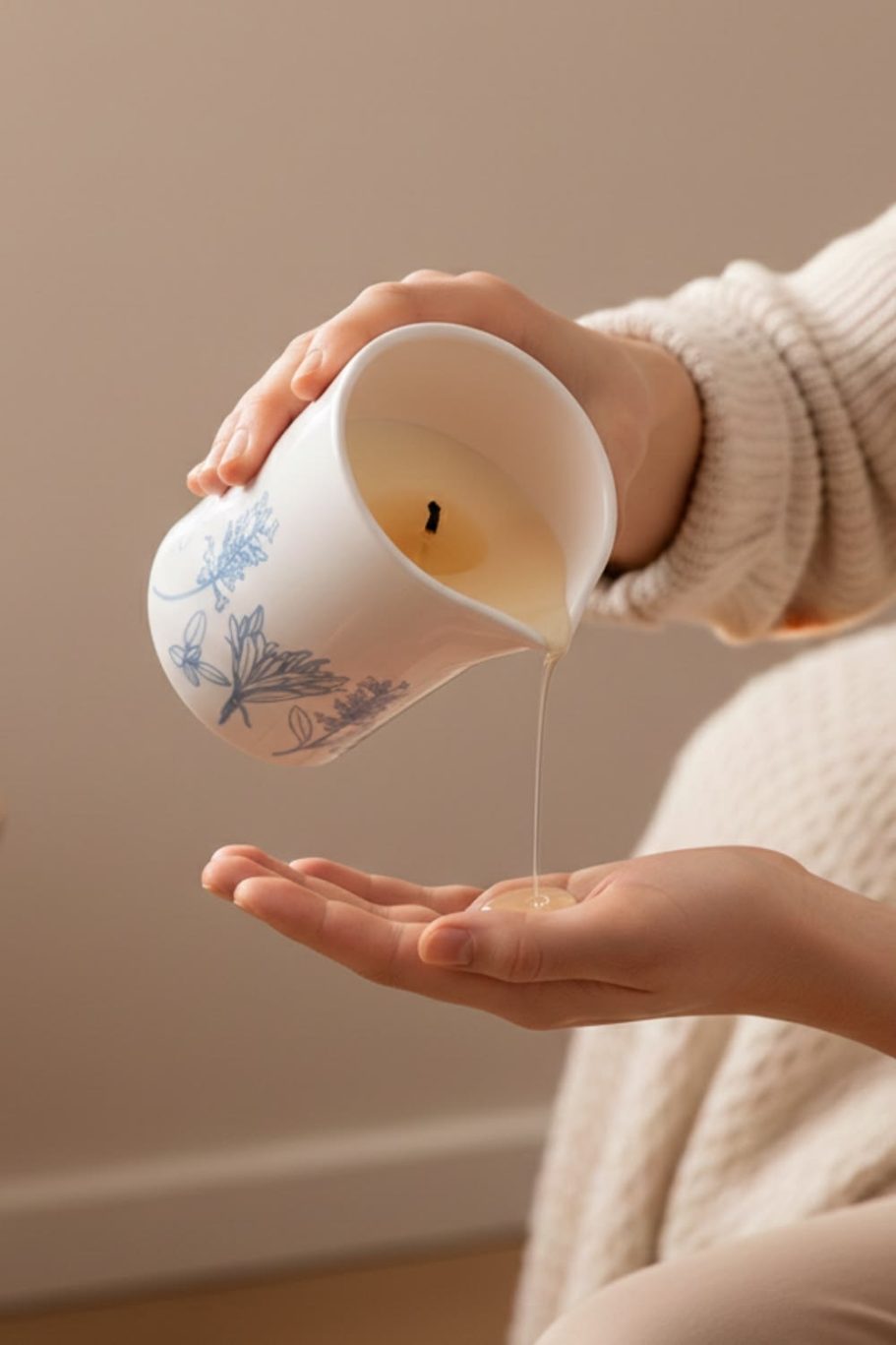 Sea Salt & Sage Massage Candle Hand holding a cup pouring candle wax into an open palm.