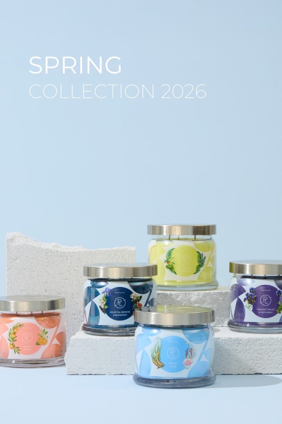 PartyLite Spring Collection Various jars of scented products in pastel colours, displayed against a light blue background.