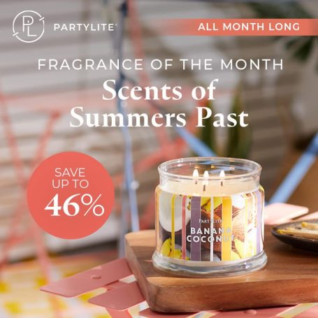 Candle promotion for "Scents of Summers Past" with a discount offer.