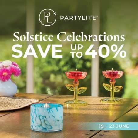 Promotional graphic for PartyLite's Solstice Celebrations, featuring decorative candles and discounts.