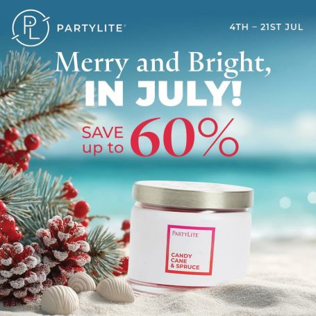 Promotional advertisement for PartyLite offering up to 60% off candles, with a festive summer theme.