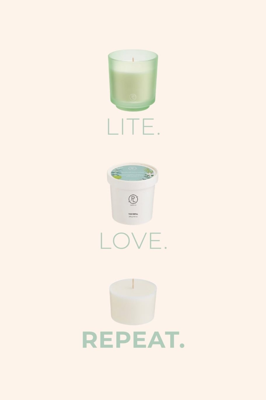 Refillable Candles by PartyLite Three candles with text: "LITE", "LOVE", and "REPEAT" displayed vertically.