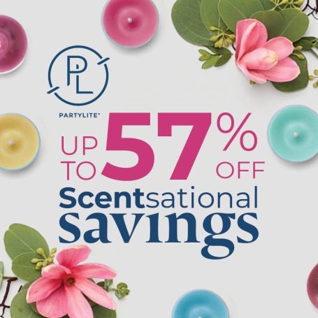 Promotional graphic for PartyLite offering up to 57% off scented products.