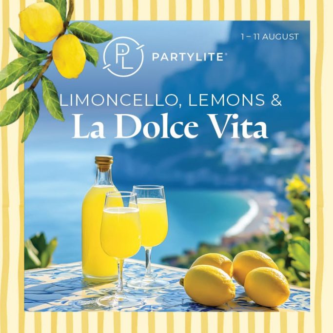 Limoncello and lemons with a coastal backdrop and the phrase "La Dolce Vita."